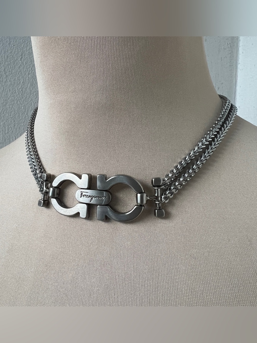 Custom Ferragamo Gancini Hardware Necklace Silver Multi-strand Chain 14.5-15.5”